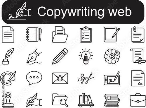 Collection of copywriting web icons including documents pens and communication symbols on transparent background