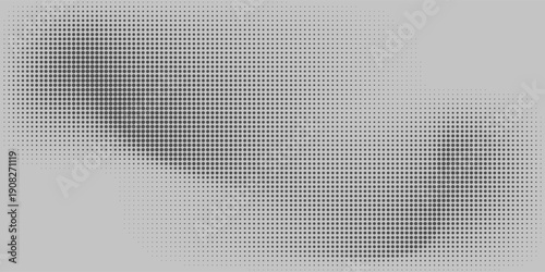 Black halftone dot wave pattern. Abstract grain fluid texture background. Dotted grit curve wallpaper. rasterized undulate swoosh overlay for poster, booklet, banner, brochure, flyer, leaflet. Vector