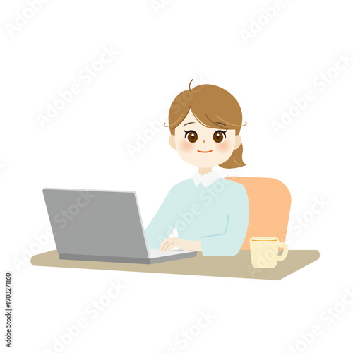パソコンを操作するビジネス女性のイラスト　オフィスワーク・在宅勤務