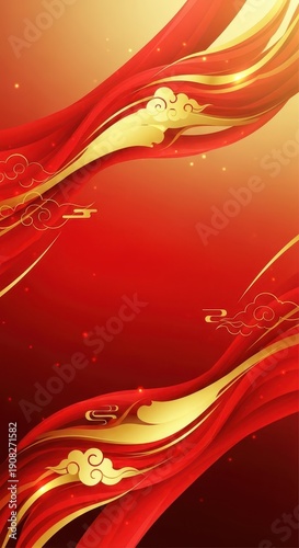 Ornate banner design features flowing red fabric intertwined with traditional golden cloud motifs against a gradient background.