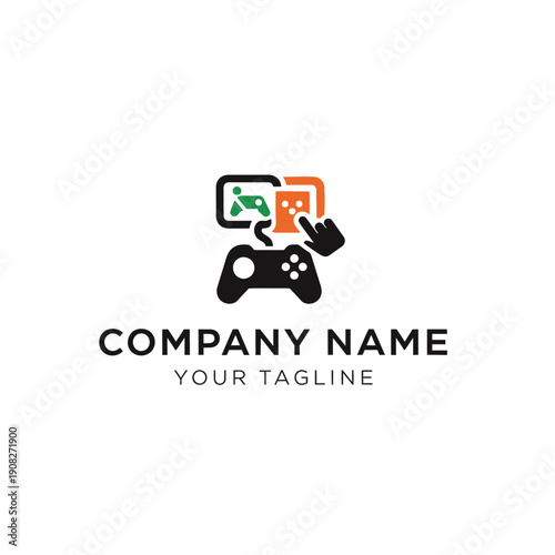 Gaming company logo template with gamepad and mobile devices.