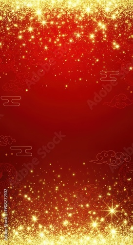 Brilliant golden glitter streams illuminate a deep red festive background with subtle traditional motifs