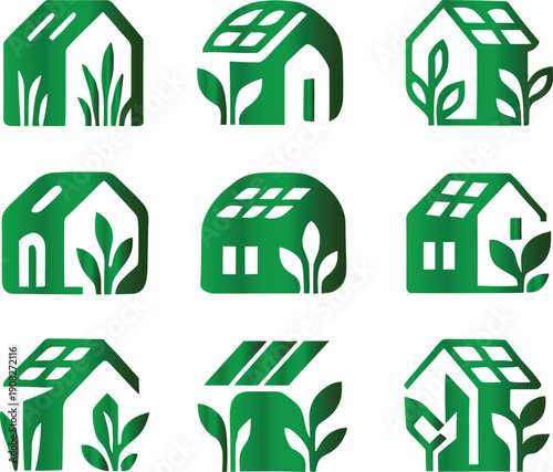 Rooftop garden icon set. Solar Punk Icon set. Solar punk architecture fans, harmonious icon, Vector illustration !