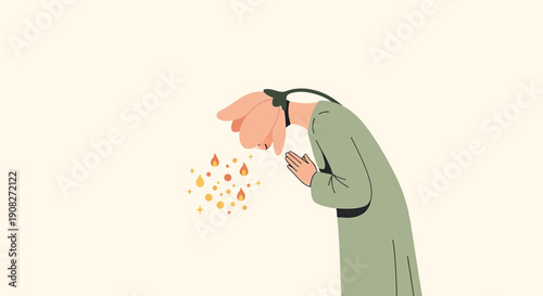 Person with Flower Head Bowing, Pollen Allergy Concept