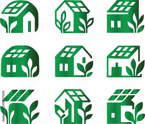 Rooftop garden icon set. Solar Punk Icon set. Solar punk architecture fans, harmonious icon, Vector illustration !