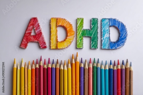 Colorful Pencils with ADHD Spelled Out in Bright Spiky Letters on White Background