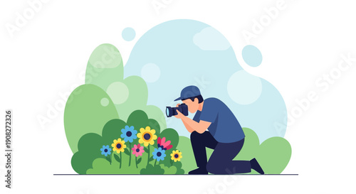 Photographer Capturing Colorful Flowers in Garden - Flat Illustration
