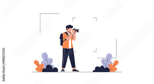 Photographer Capturing Nature's Beauty: Flat Illustration