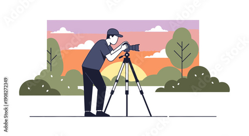 Photographer Capturing Sunset Scenery with Camera on Tripod in Nature