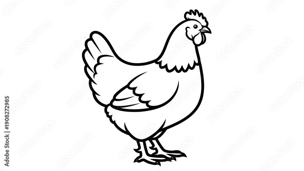 Fototapeta premium Simple Black and White Line Art Icon of a Farm Chicken Hen, Ideal for Poultry and Rural Themed Designs and Emblems