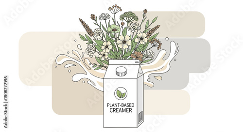 Plant Based Creamer Carton with Botanical Flower Illustration and Splash