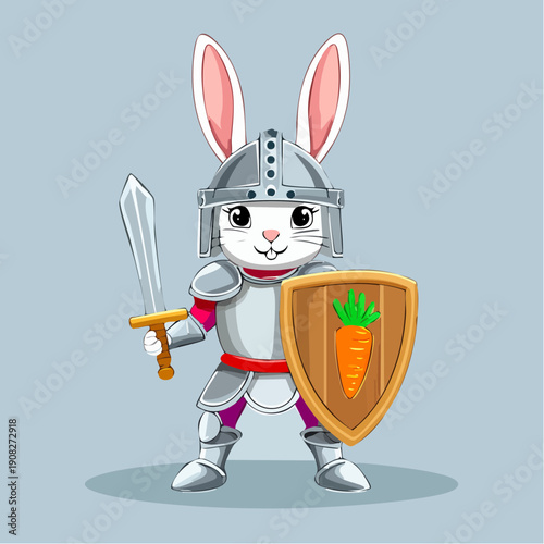 Brave Cartoon White Rabbit Knight Character Illustration Holding a Sword and Carrot Shield