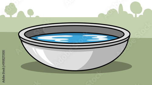Illustrated ceramic bowl with clear blue water on a natural green surface in a simple cartoon style