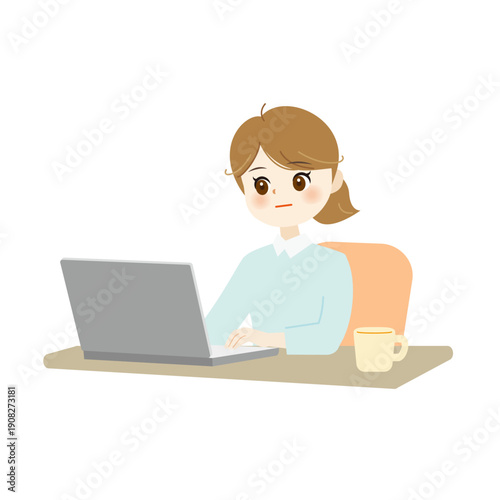 パソコンを操作するビジネス女性のイラスト　オフィスワーク・在宅勤務