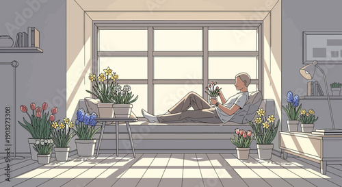 Relaxing woman with flowers on windowsill, natural light, indoor garden, pixel art style