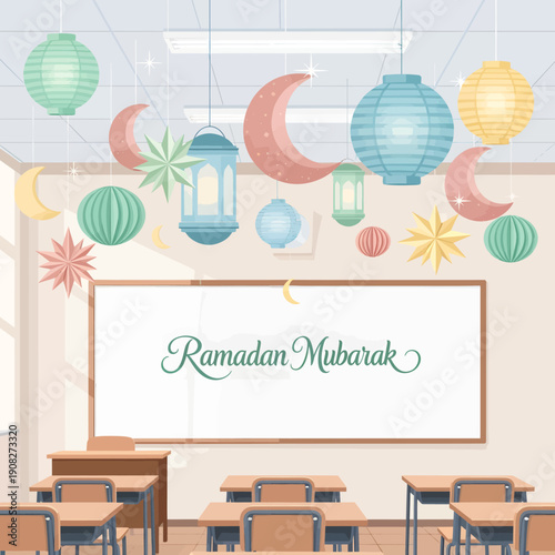 Classroom decorated with Ramadan lanterns and stars, whiteboard with Ramadan Mubarak message, desks and chairs arranged, 2_upscayl_6x_upscayl-standard-4x vector illustration