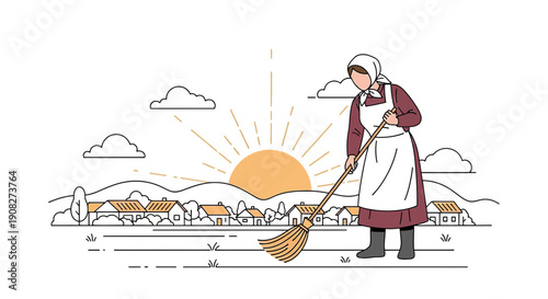 Rural Woman Sweeping Yard at Sunrise, Village Scene, Line Art Illustration