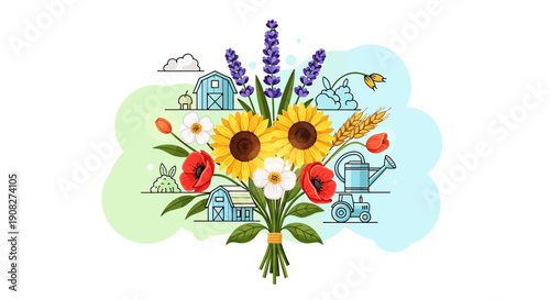 Seasonal Flower Bouquet with Farm and Garden Elements Illustration
