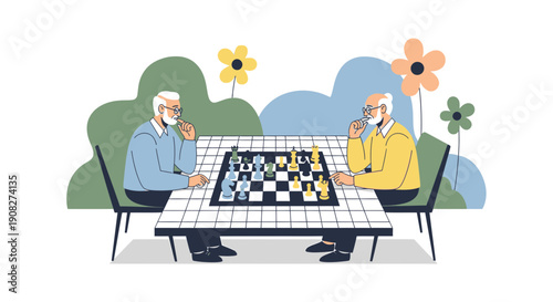 Senior Men Playing Chess in Garden with Flowers Illustration