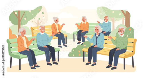 Seniors Chatting in Park Benches, Community Gathering, Outdoor Recreation