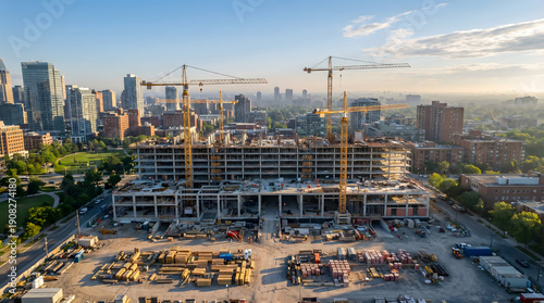 Large Scale Construction Site with Materials and Cranes near City Park at Sunrise