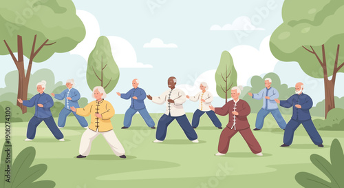 Seniors Practicing Tai Chi in a Park