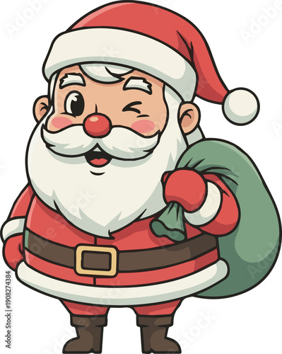 Jolly Santa Claus carrying a sack over his shoulder, smiling cheerfully in a festive holiday scene illustration