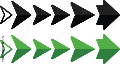 Black and green arrows increasing in size and filling in from left to right black arrow increasing size
