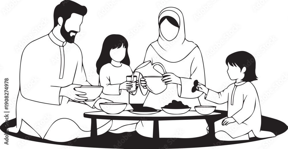 Fototapeta premium Family Sharing Traditional Meal Together Illustration
