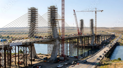 Massive Bridge Pylons Under Construction with Scaffolding Over Water