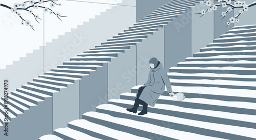 Solitary Figure on Snow-Covered Staircase, Winter Serenity, Minimalist Illustration