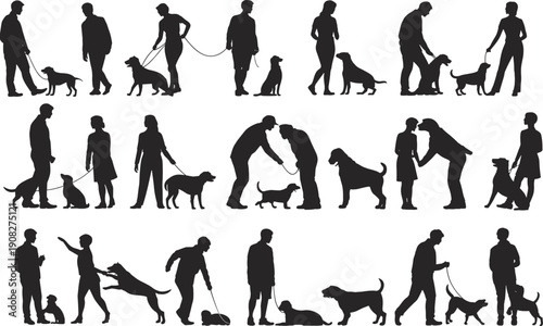Collection Of Silhouettes Of People Walking Dogs In Various Poses And Interactions pets