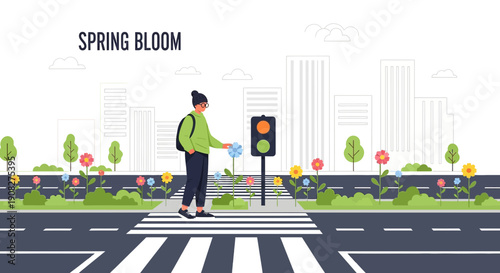 Spring Bloom: Man with Flower at Crosswalk, Cityscape with Traffic Light