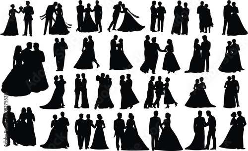 Collection of wedding couple silhouettes in various romantic poses bride groom