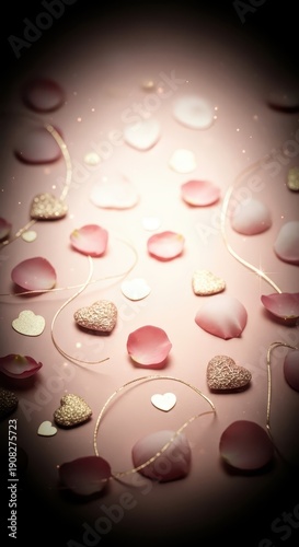 Scattered pink rose petals and glittering heart shapes adorn a softly lit background