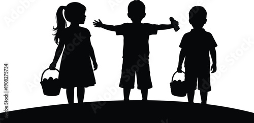 Three children standing on a hill with baskets