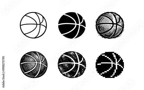 Collection of six distinct basketball illustrations in various artistic styles
