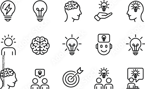 Linear vector icon set for creative thinking and brainstorming featuring lightbulb ideas human brains target bullseyes intellectual mindset innovation symbols and collaborative team insights