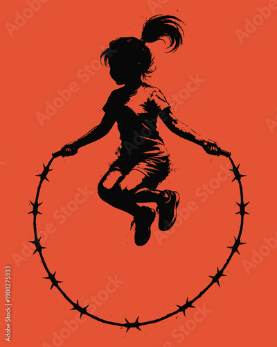 Barbed Wire Jump Rope: Silhouette of Childhood Struggle and Resilience