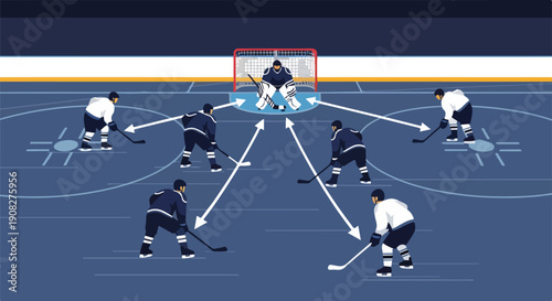 Ice Hockey Defensive Strategy: Players form a defensive zone formation around the goalie to block shots and prevent goals.