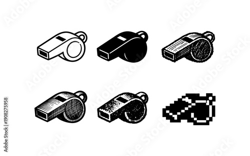Collection of diverse whistle illustrations in various artistic styles and pixel art