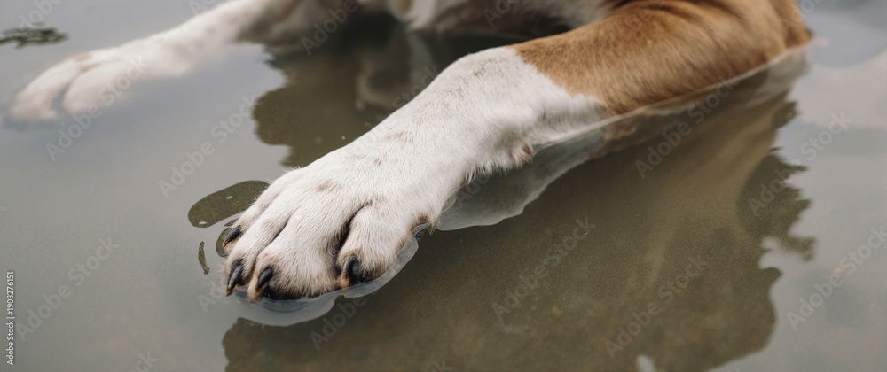 Obraz premium Close-up of a dog's paw in the water, exploring