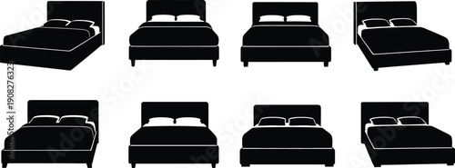 Eight black and white images of beds with pillows