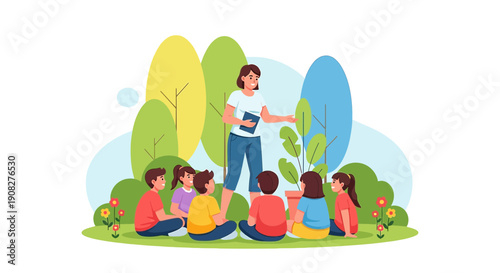 Teacher Reading Book to Children in Nature - Outdoor Education Illustration