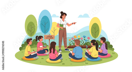 Teacher leading outdoor nature class for children in a garden with flowers