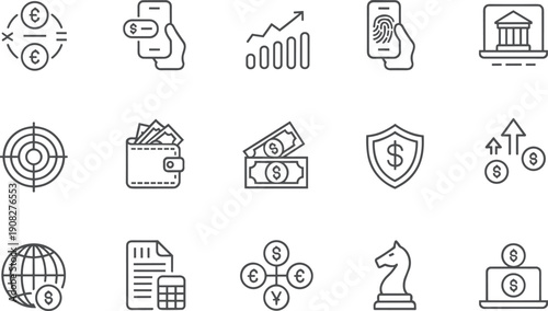 Linear vector icon set for banking and financial growth featuring currency exchange mobile payments biometric security wallets stock market charts and global investment symbols