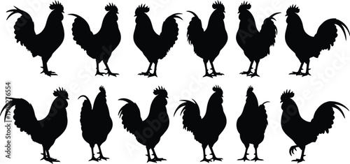 Ten black roosters in two rows silhouette