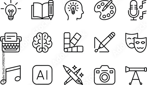 Linear vector icon set for creative arts and design featuring lightbulb ideas notebooks paint palettes microphones typewriters theater masks cameras and artistic tool symbols