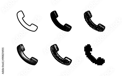 Collection of diverse telephone handset icons in various artistic styles and textures