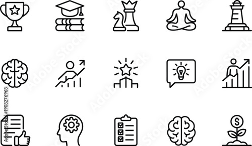 Linear vector icon set for personal development and success strategy featuring trophy awards graduation caps chess pieces meditation brains growth charts and idea bulbs